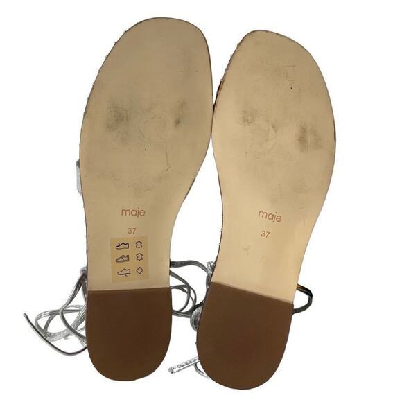 Maje Argent Silver Studded Cutout Leather Gladiator Strap Ankle Tie Flat Sandals - Picture 3 of 7